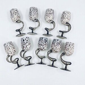 Josefina Krosno Jellyfish Goblets – Set of 9 – Eggplant & White Pattern – Rare –